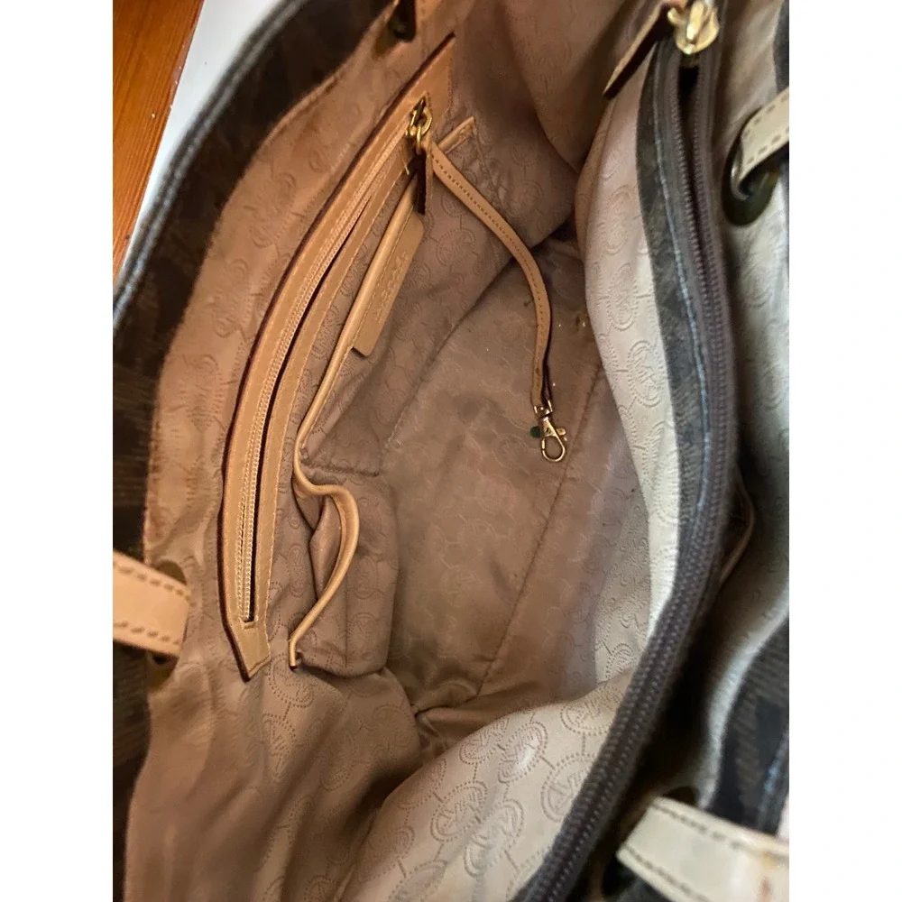 Michael Kors Jet Set Travel Tote Bag Brown Signature Logo MK Gold Hardware